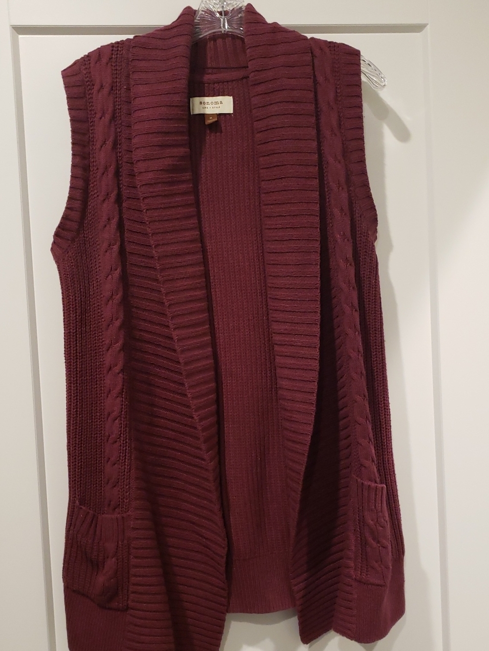 Sonoma Wine-Red Sleeveless Cable Knit Cardigan